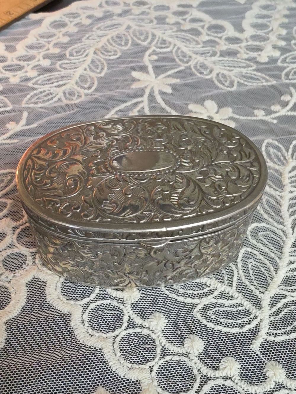 Vtg Japan 1960 Ornate Silver-Tone Oval Decorative Trinket Box